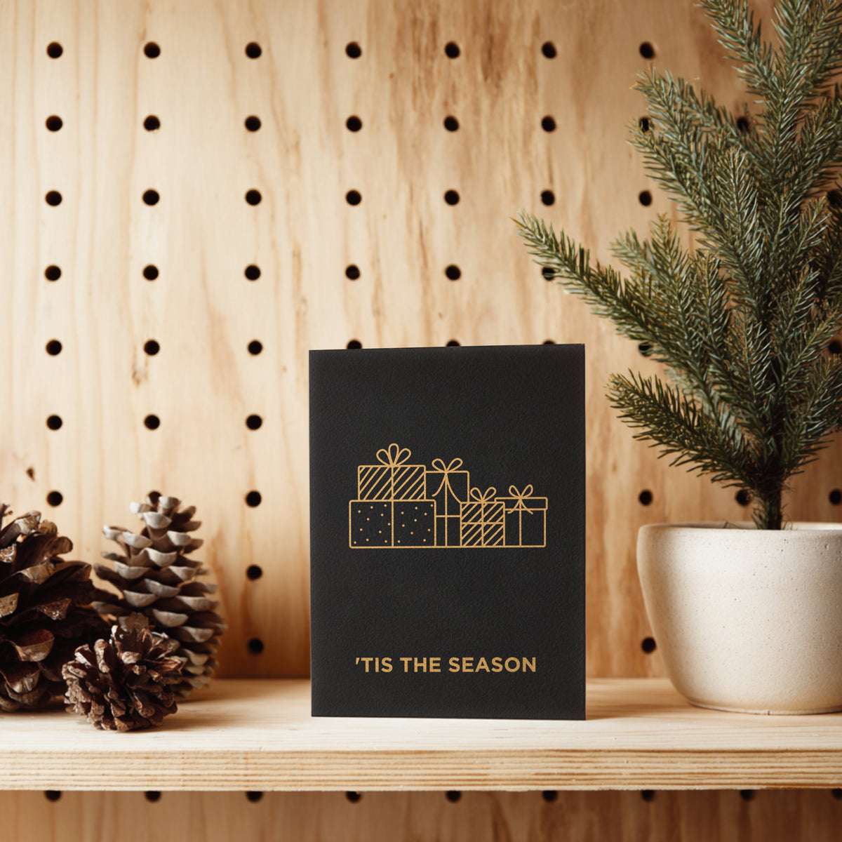Minimalist Gold Christmas Presents Card – Handmade Screen Printed Holiday Card