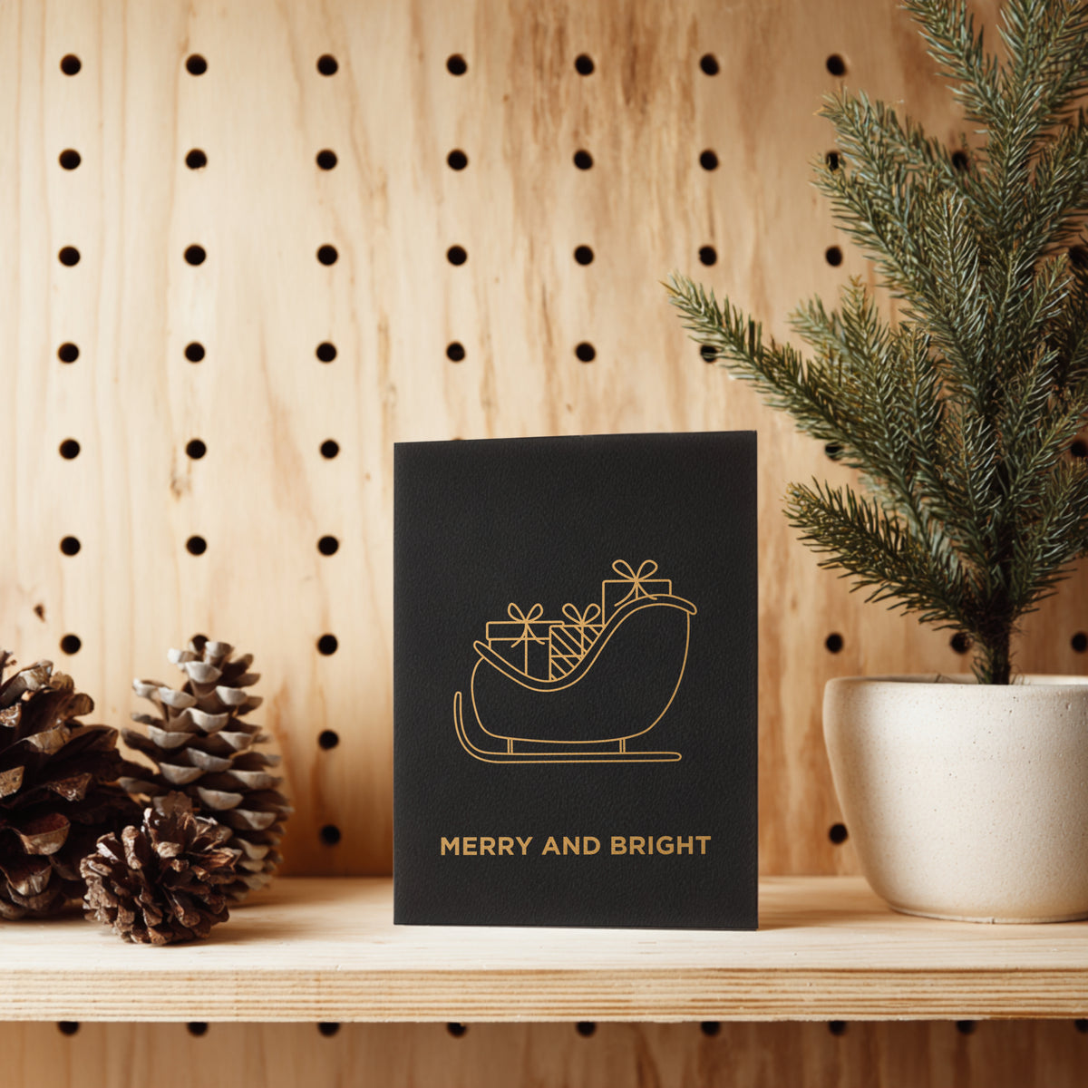 Minimalist Gold Christmas Sleigh Card – Handmade Screen Printed Holiday Card