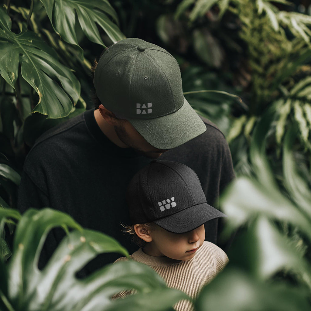 Matching black and sage green minimalist family caps for dads and kids by SML Batch