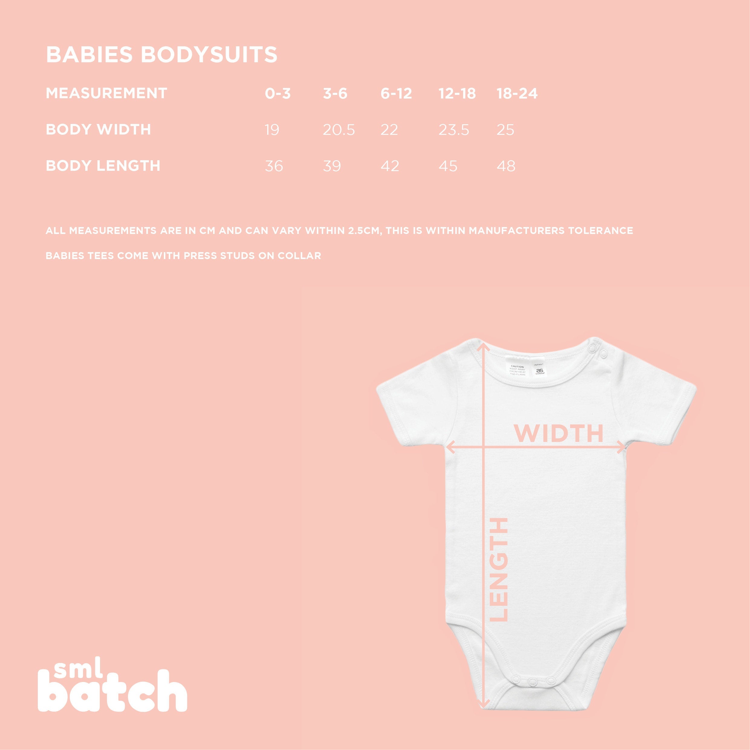Sizing chart for infant short sleeve bodysuit with a white bodysuit on a pink background