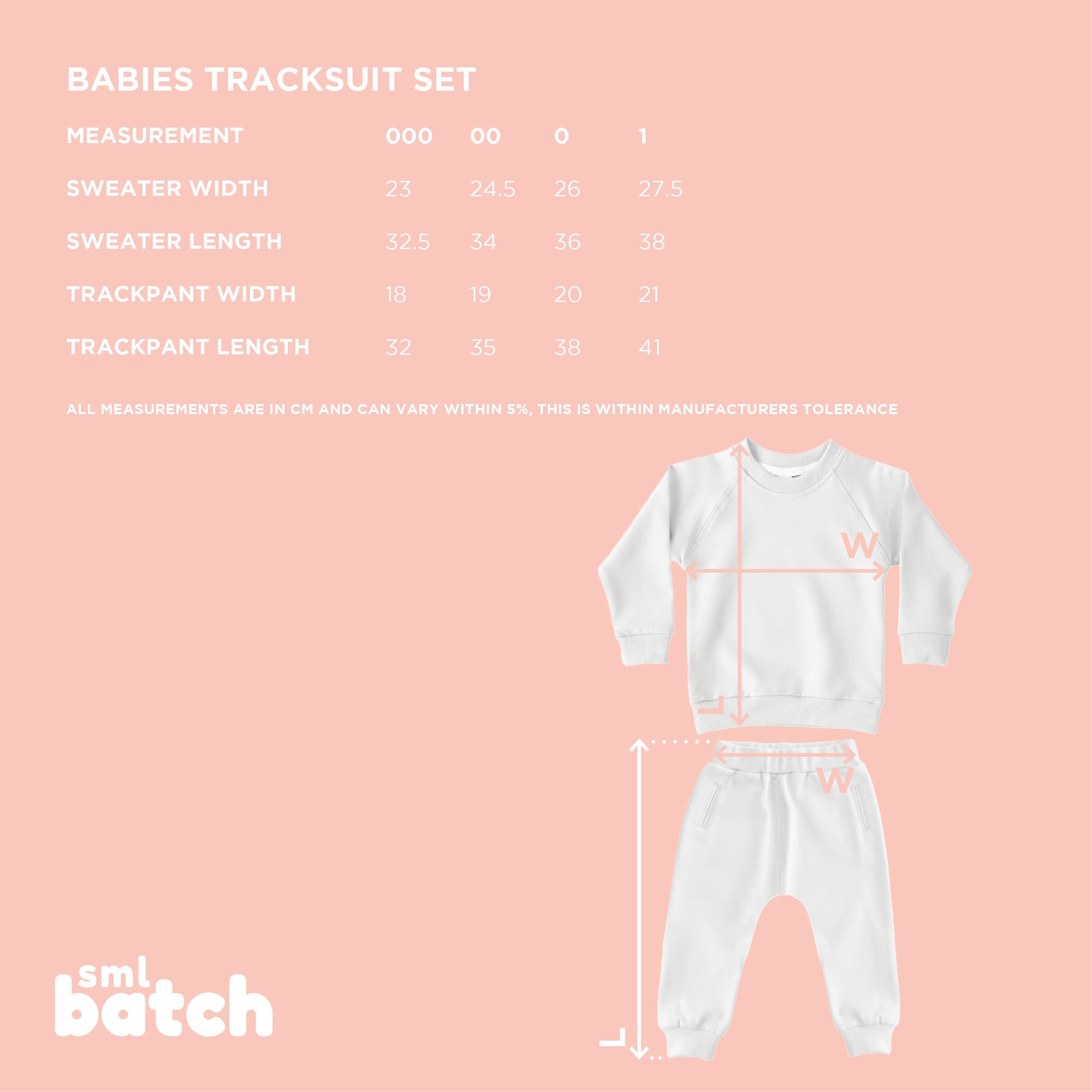 Baby tracksuit set with measurement chart on a pink background