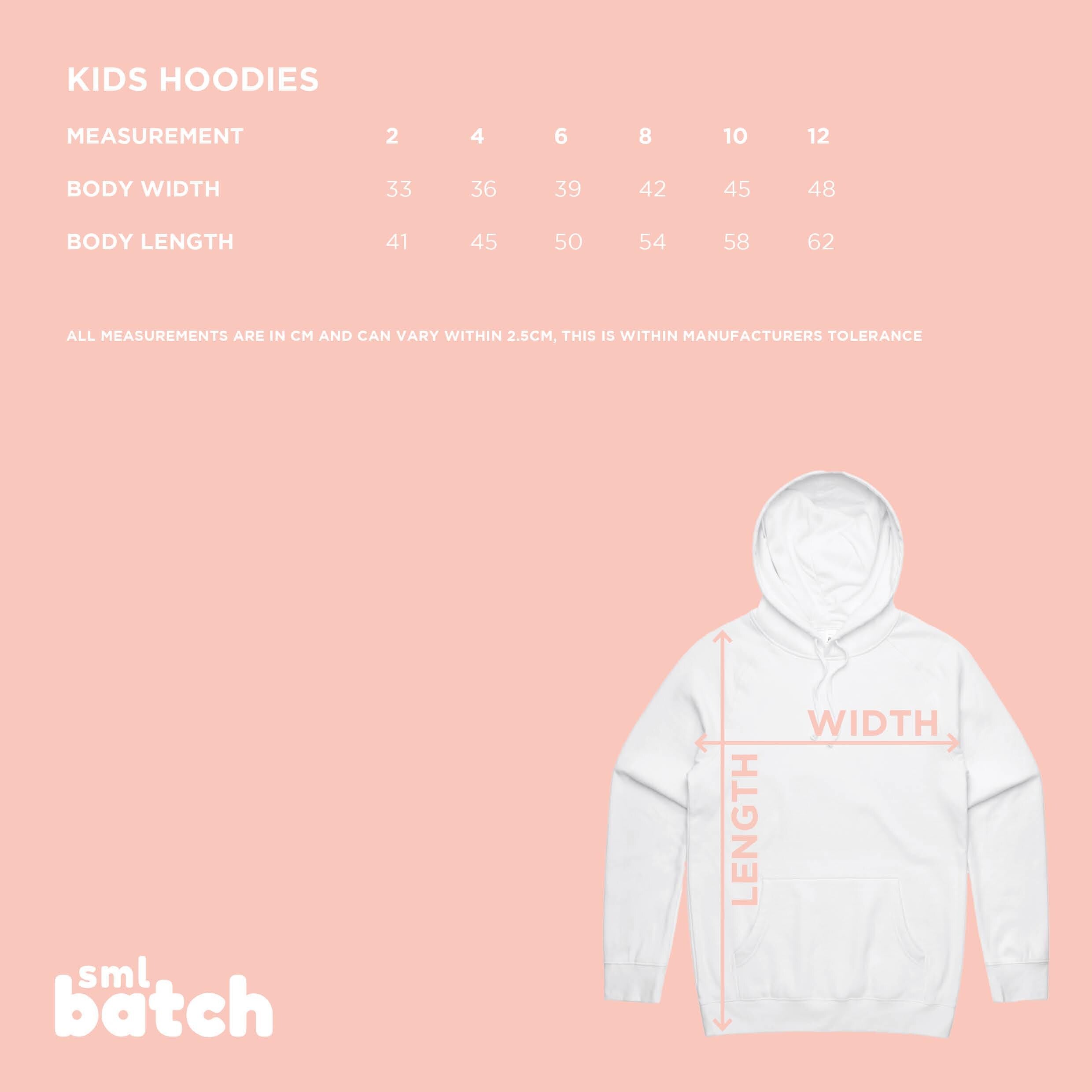 Measurement chart for kids hoodies with a white hoodie on a pink background