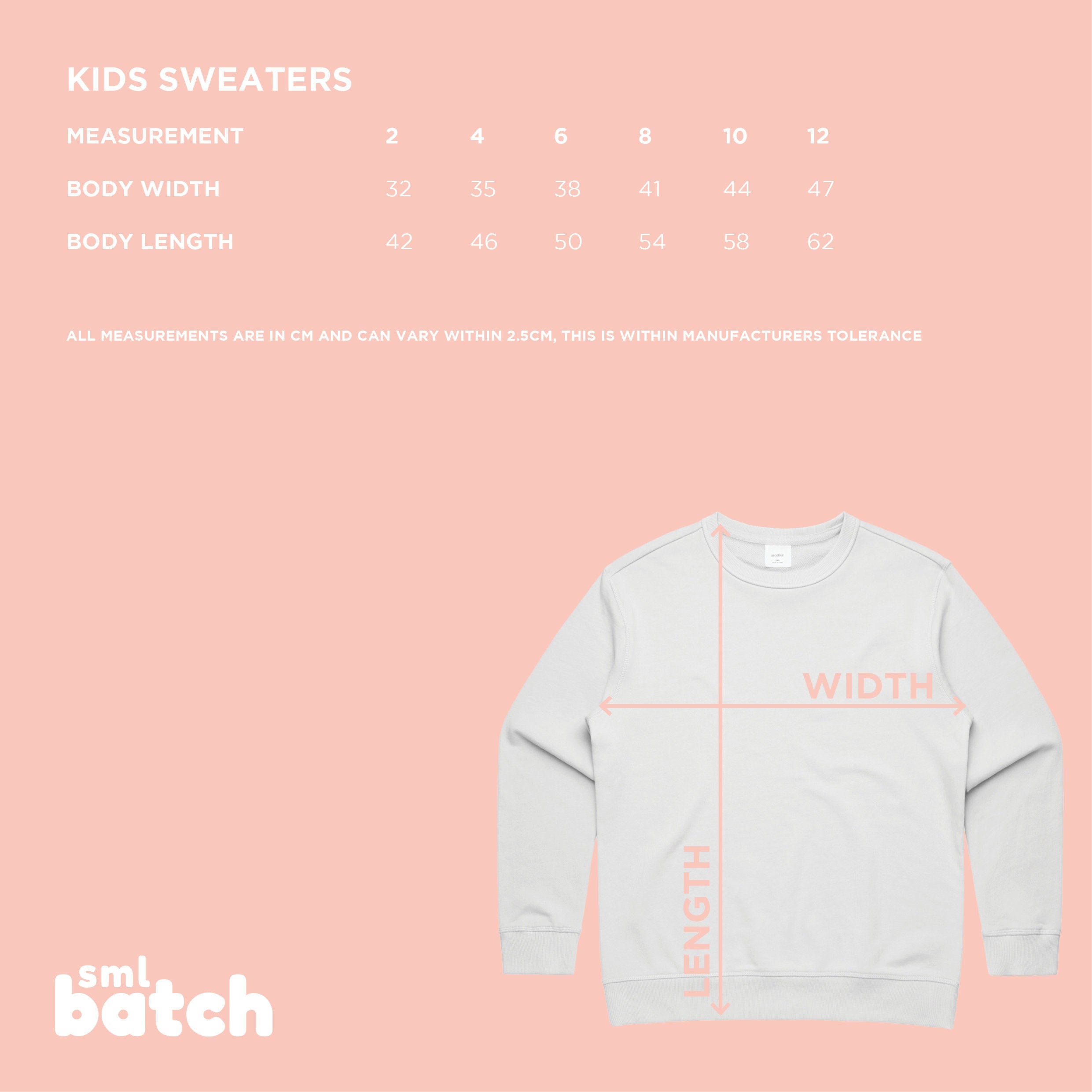 Sizing chart for kids sweaters with a white jumper on a pink background