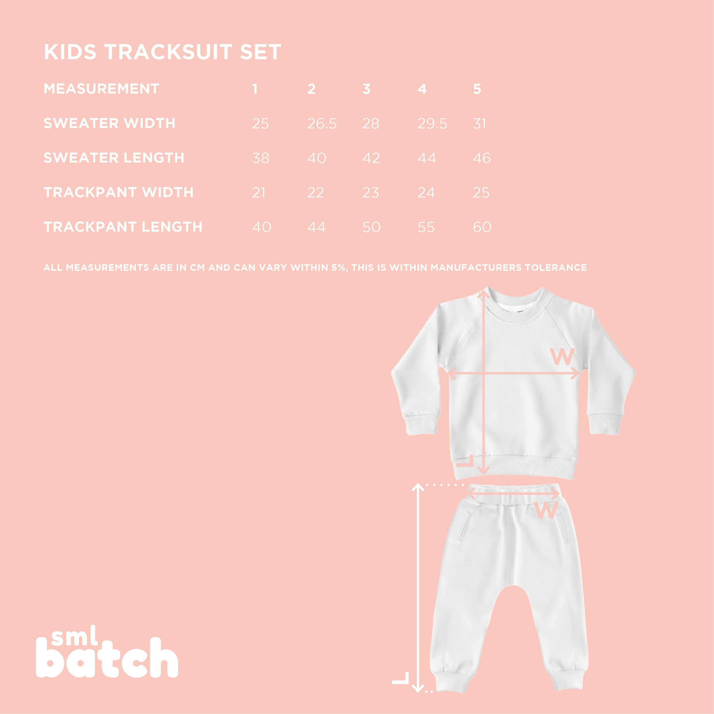 Baby tracksuit set with measurement chart on a pink background