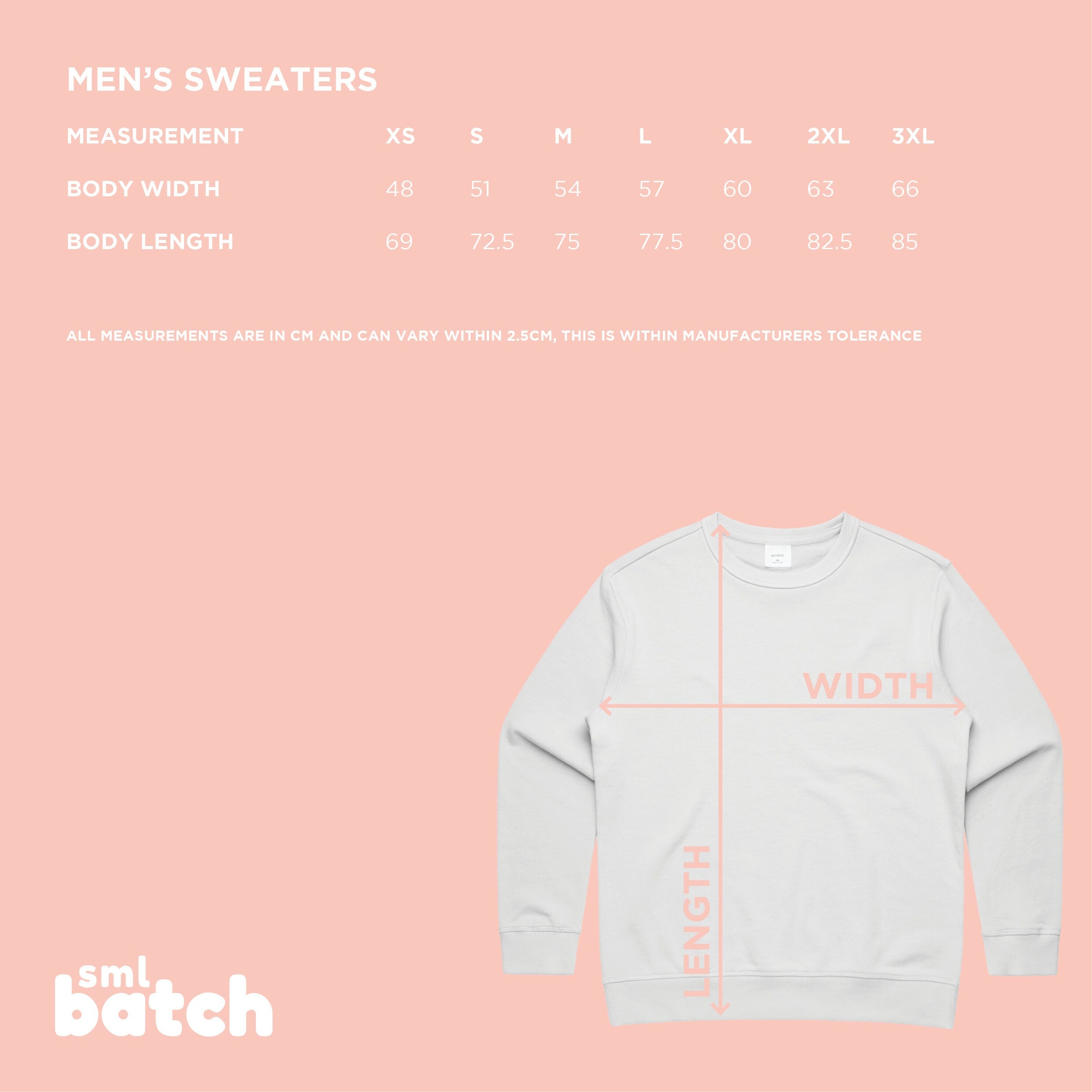 Sizing chart for mens sweaters with a white jumper on a pink background
