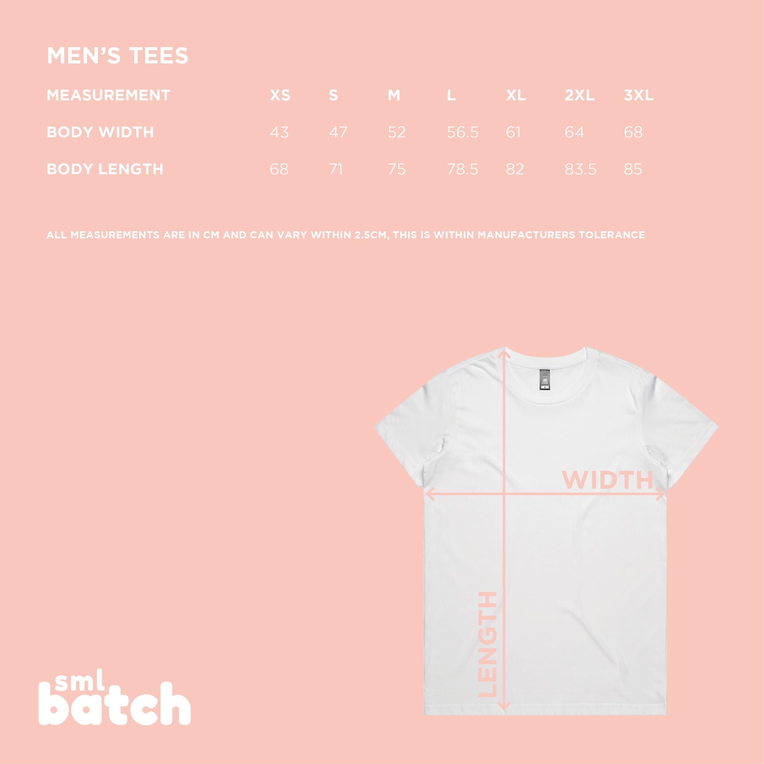 Sizing chart for mens tees with a white t-shirt on a pink background