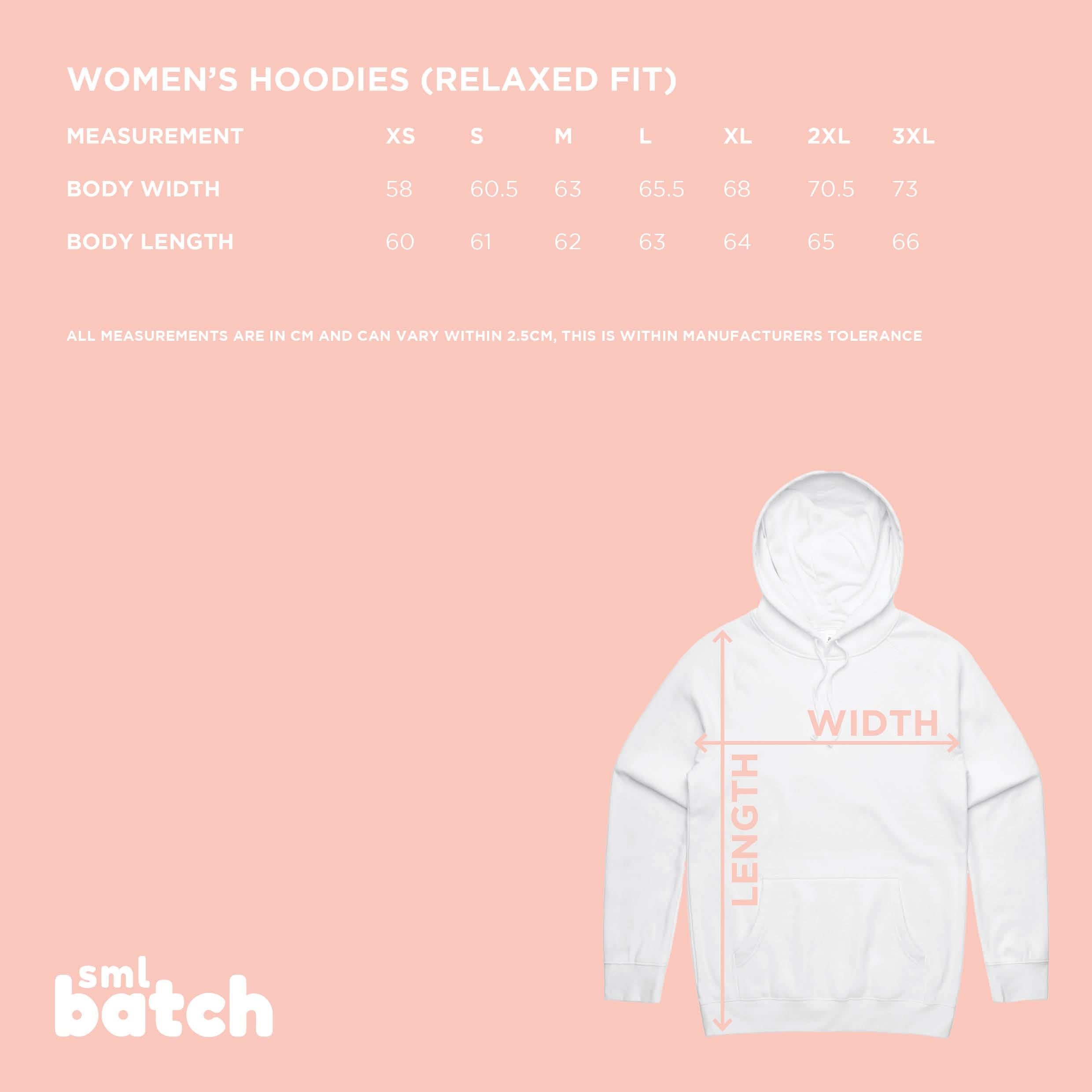 Measurement chart for women's hoodies with a white hoodie on a pink background