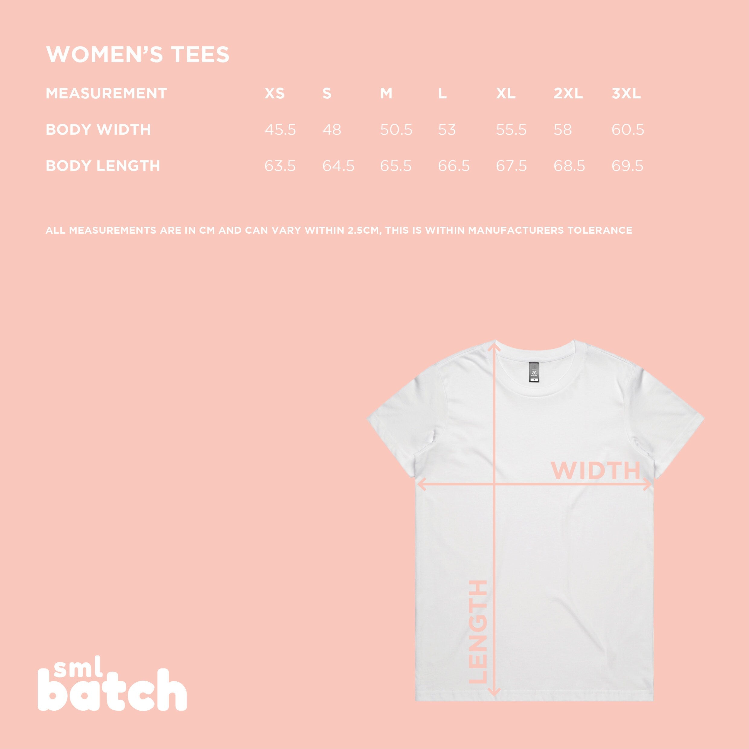 Sizing chart for womens tees with a white t-shirt on a pink background