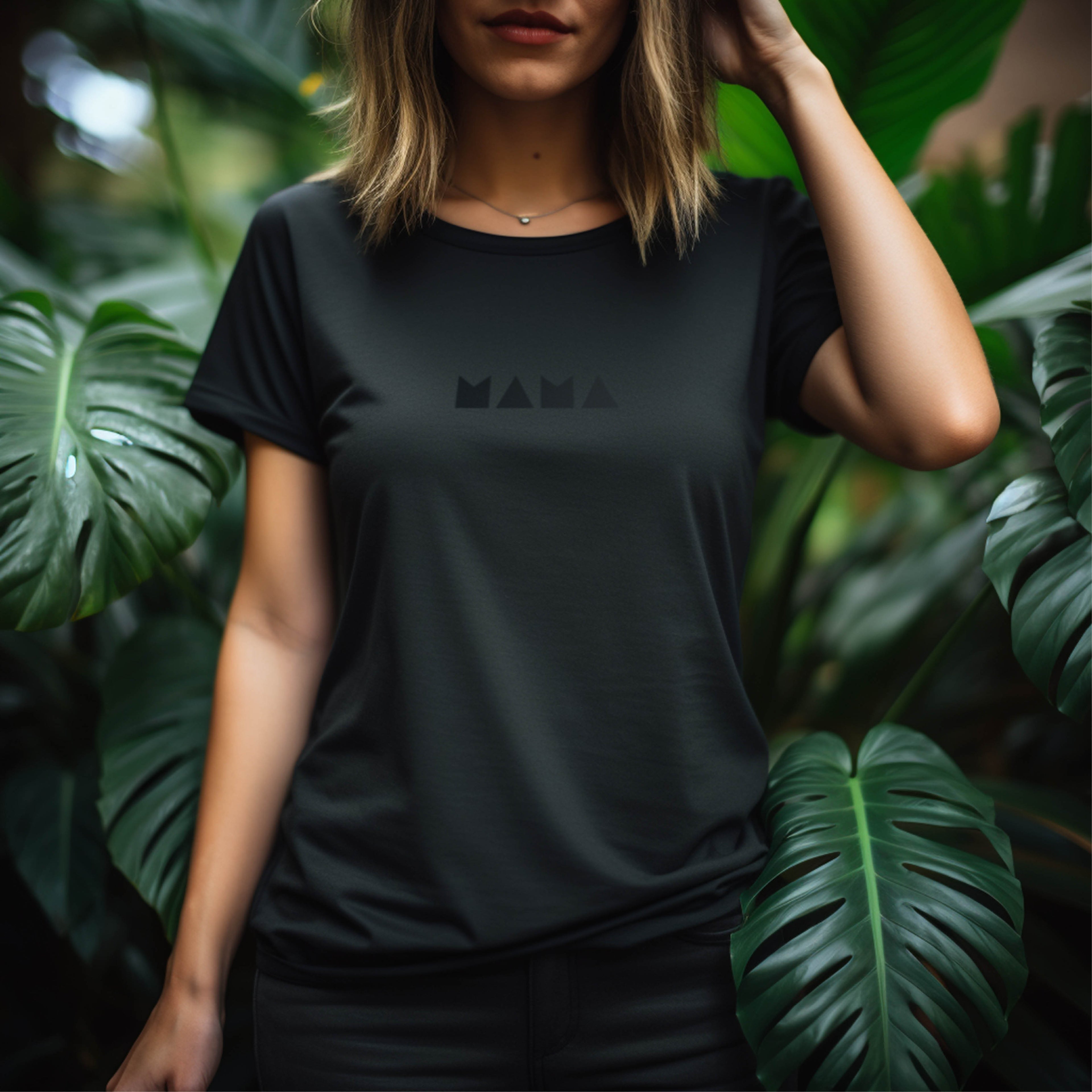 Black minimalist MAMA t-shirt with tonal black-on-black text for mums by SML Batch
