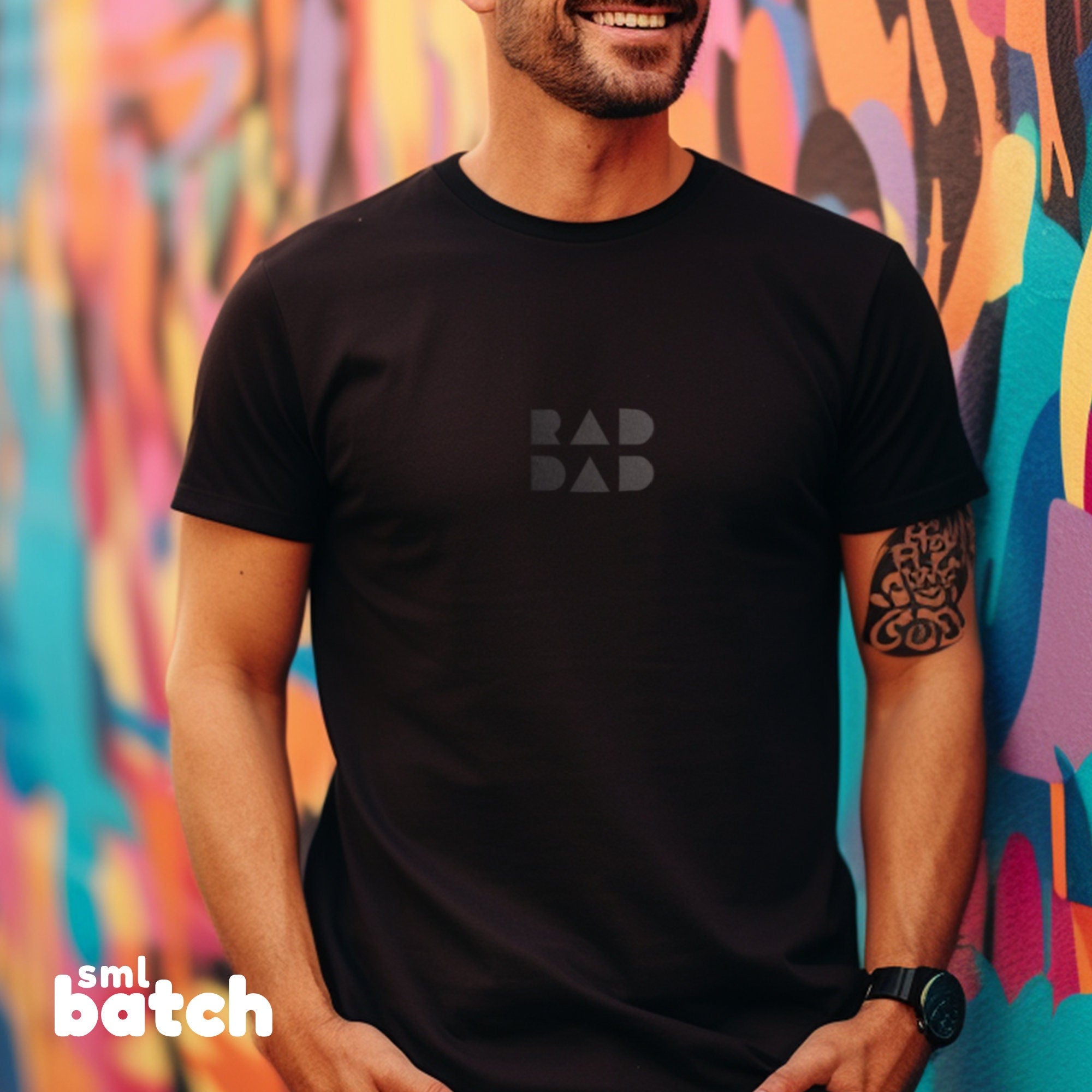 Black minimalist RAD DAD t-shirt with tonal black-on-black text for dads by SML Batch